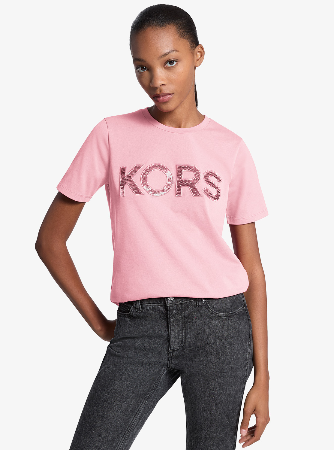 現行！マイケルコース KORSシークインクラシックTシャツ 黒 MICHAEL KORS（マイケルコース） tシャツ KORS シークイン クラシック