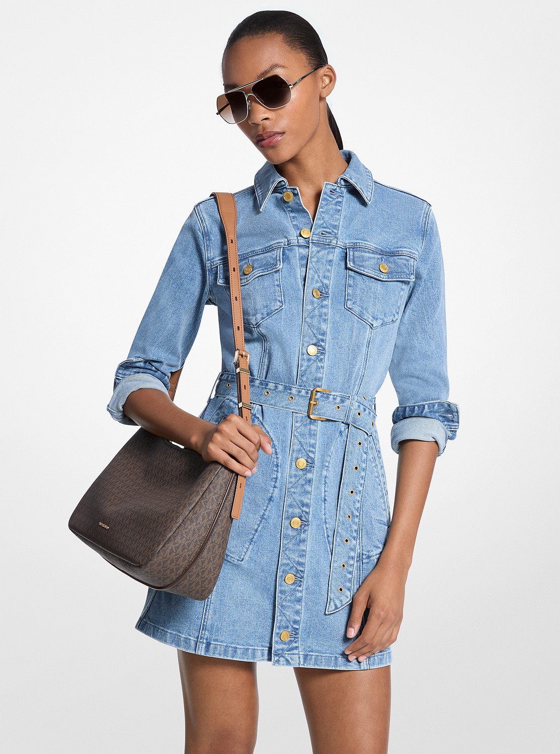 マイケルコースMICHAEL KORS ロゴプリントデニムノースリーブワンピース 公式アウトレット】デニム ベルテッド ミニ ドレス - ワンピース