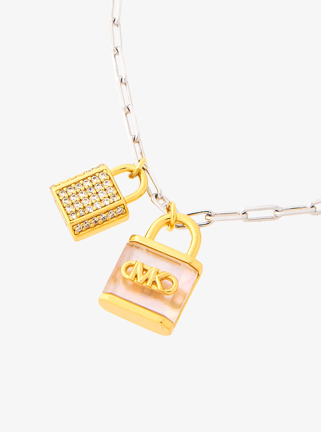 シルバー ペーパークリップ チェーン ブレスレット ウィズ ゴールド パヴェ アンド ホワイト ロック