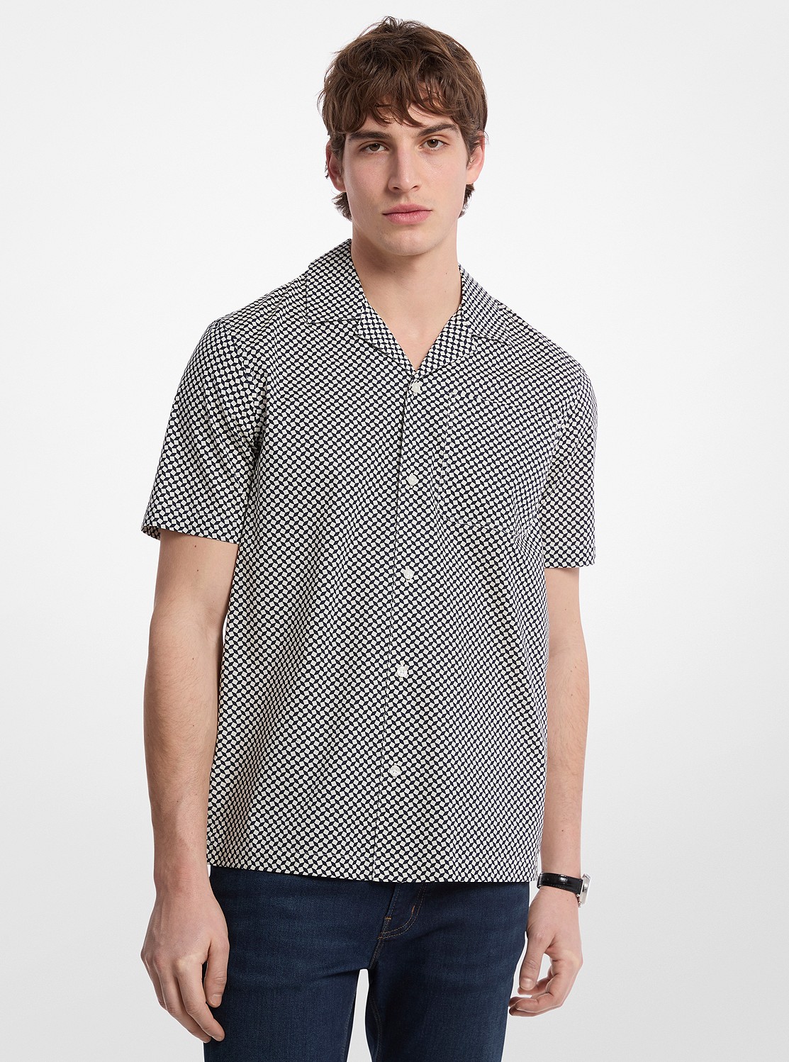 ジオメトリック プリント ストレッチコットン シャツ